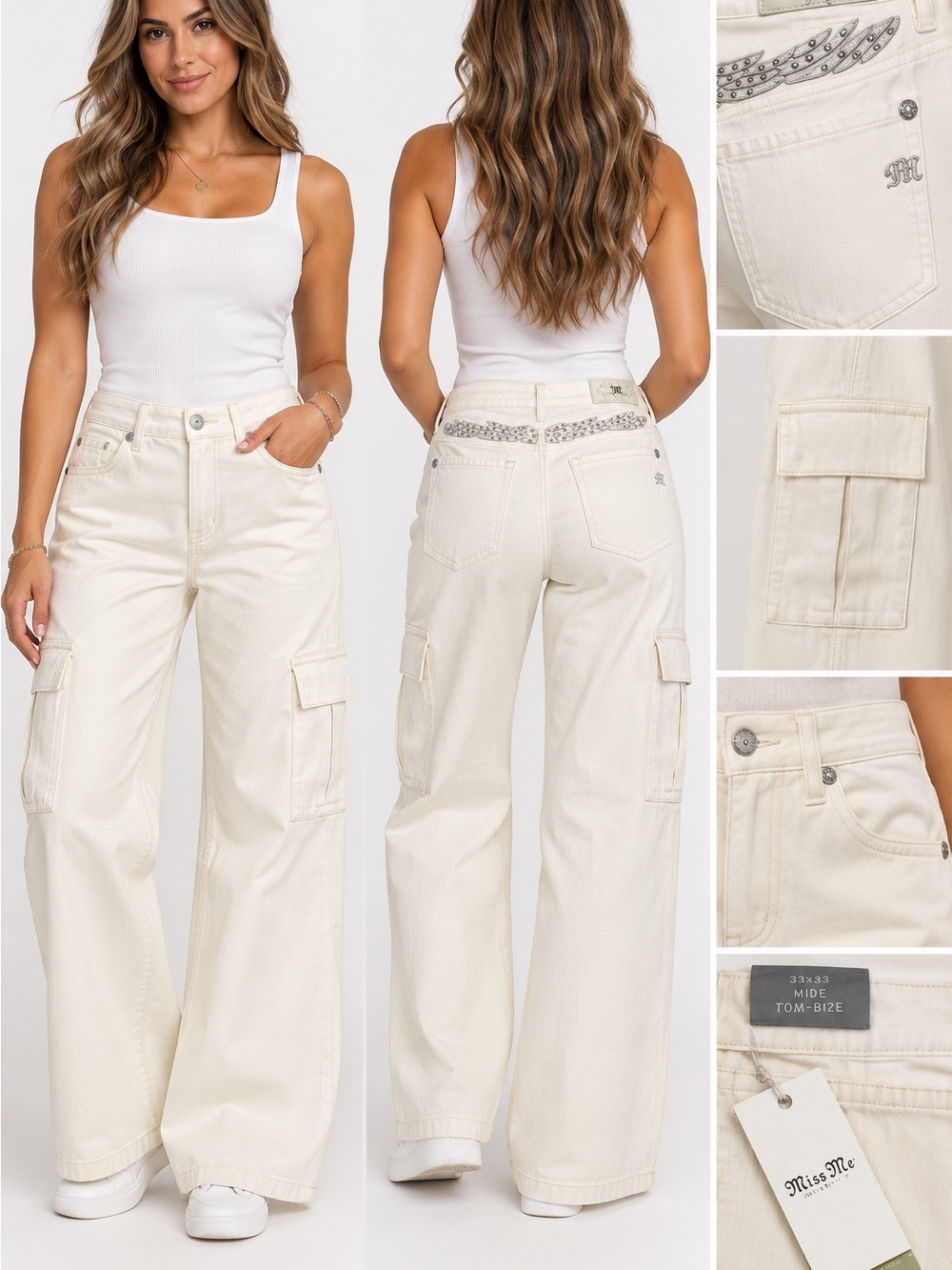 Miss Me Cream Wide-Leg Cargo Jeans with Embellished Back